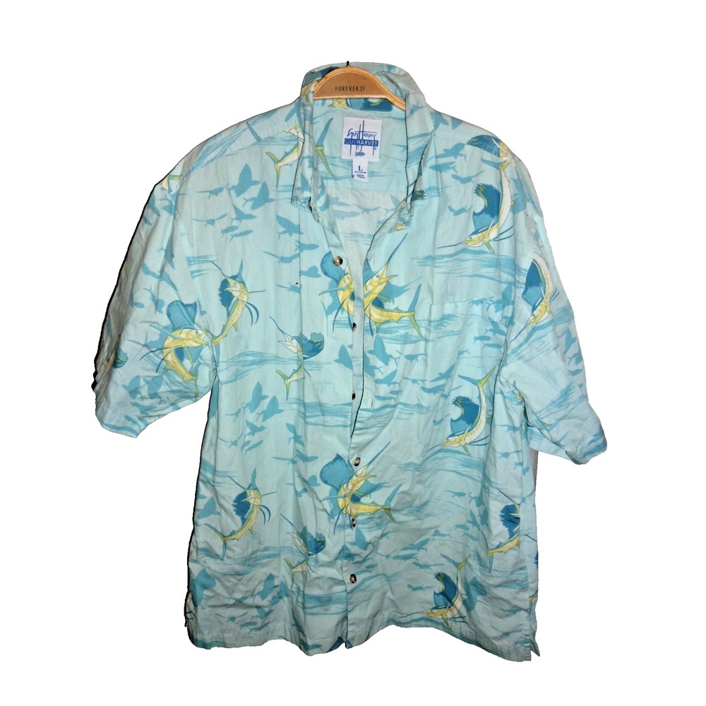 Guy Harvey Shirt Mens Large Marlin Fish Print Button Up Hawaiian Cotton